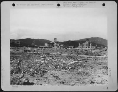 Thumbnail for Hiroshima > Pacific Air Command, U.S. Army, 3 August, 1946 - Breaking The Flat Expanse Of What Was Once A Large City, A Few Gutted Buildings Rise From The Rubble Of Hiroshima, Japan, As It Looks One Year After Being Razed By The Atomic Bomb.