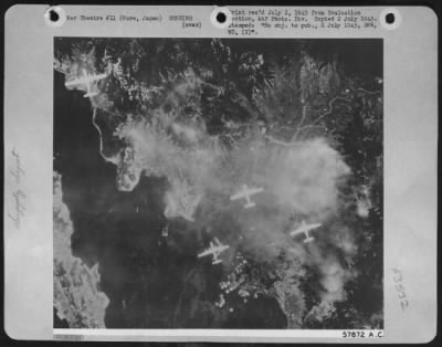 Kure > Four Boeing B-29 Superforts Of A Formation Of Major General Curtis E. Lemay'S 21St Bomber Command Drop Their Bombs On The Kure Naval Arsenal In Japan During The Mission Of June 22, 1945.