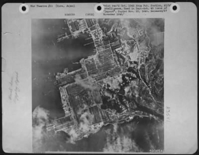 Kure > Kure Naval Arsenal Was 70 Per Cent (2,949,690 Sq. Ft. Of Roof Area) Destroyed Or Damaged By The 20Th Air Force.  Carrier Planes Also Scored Some Hits.  Intense Flak From Warships In The Harbor Damaged 59 Per Cent Of The Attacking Superforts.  (Photo Taken