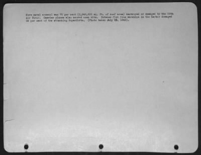 Kure > Kure Naval Arsenal Was 70 Per Cent (2,949,690 Sq. Ft. Of Roof Area) Destroyed Or Damaged By The 20Th Air Force.  Carrier Planes Also Scored Some Hits.  Intense Flak From Warships In The Harbor Damaged 59 Per Cent Of The Attacking Superforts.  (Photo Taken