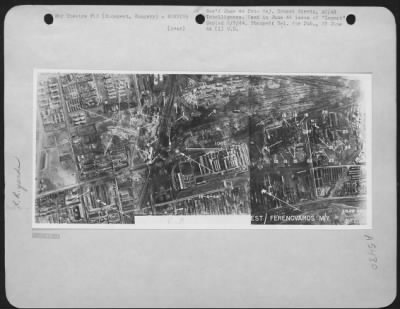 Thumbnail for Budapest > Budapest Railroad Yards, Hungay, gateway to Balkans were hit on 3 April 44 when Consolidated B-24s dropped tons of bombs. This picture, taken on 13 April 44 also shows damage done on 12 April 44 when RAF Wellingtons dumped 88 tons of bombs