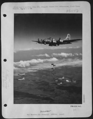 Budapest > This Boeing B-17 Flying ofrtress of the 15th Air force releases its bombs on the Szob railroad bridge, N. Budapest, Hungary on September 20, 1944.