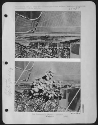 Thumbnail for Hatvan > RAILROAD DEVASTATION IN HUNGARY-These are the Hatvan marshalling yards in Hungary as heavy bombers of Major General Nathan F. Twining's U.S. Army 15th Air force found them. Note the two puffs of smoke near center of train group.