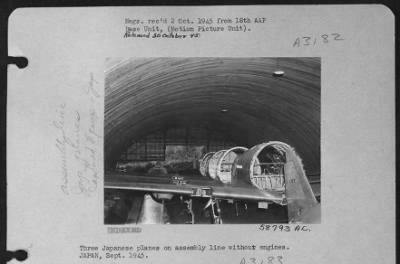 Thumbnail for General > Three Japanese Planes On Assembly Line Without Engines.  Japan, Sept. 1945.