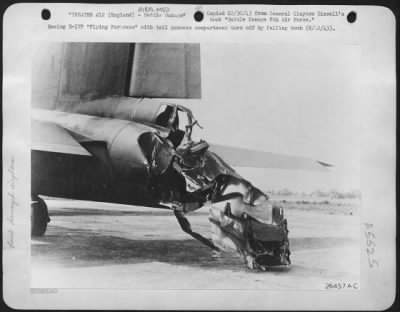 Thumbnail for Battle Damage > Boeing B-17F "Flying ofrtress" with tail gunners compartment torn off by falling bomb.