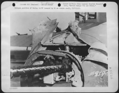 Thumbnail for Battle Damage > Tailgun position of Boeing B-17F damaged by 20 mm cannon shell