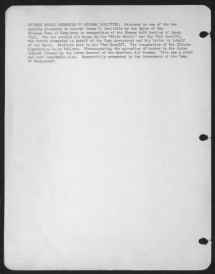 General > CHINESE SCROLL PRESENTED TO GENERAL DOOLITTLE. Pictured is one of the two scrolls presented to General James H. Doolittle by the Mayor of the Chinese Town of Heng-yang in recognition of the famous B-25 bombing of Japan 1942. The two scrolls are known