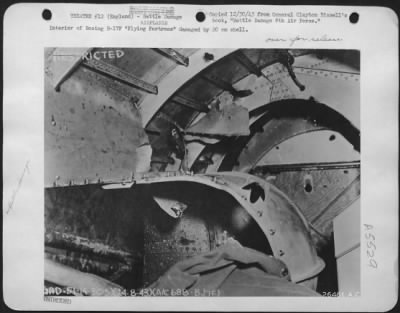 Thumbnail for Battle Damage > Interior of Boeing B-17F "Flying ofrtress" damaged by 20 mm shell.