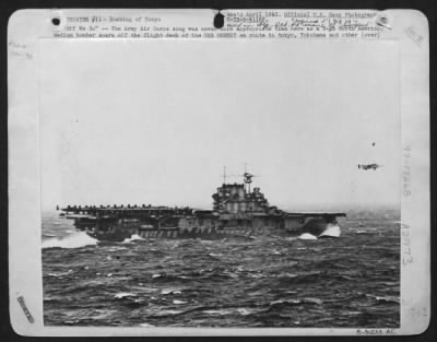 Thumbnail for General > "Off We Go"--The Army Air Corps song was never more appropriate than here as a B-25 North American Medium bomber soars off the flight deck of the USS HORNET en route to tokyo, Yokohama and other Rising Sun industrial centers to give the Japanese