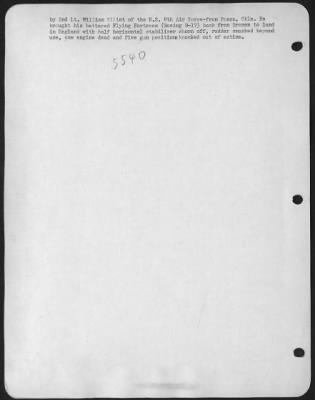 Battle Damage > Mission accomplished-and an amazing display of courage and flying skill by 2nd Lt. William Elliot of the U.S. 8th Air force-from Ponca, Okla. He brought his battered Flying ofrtress (Boeing B-17) back from Bremen to land in England with half