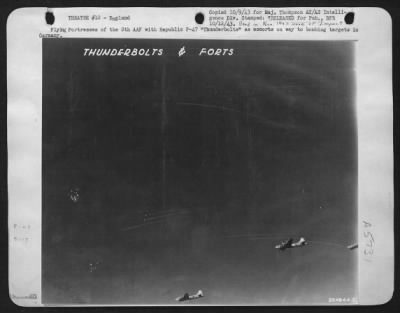 Thumbnail for Boeing > Flying ofrtresses of the 8th AAF with Republic P-47 "Thunderbolts" as escorts on way to bombing targets in Germany.