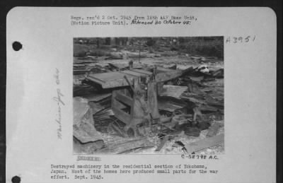 Thumbnail for Yokohama > Destroyed Machinery In The Residential Section Of Yokohama, Japan.  Most Of The Homes Here Produced Small Parts For The War Effort.  Sept. 1945.