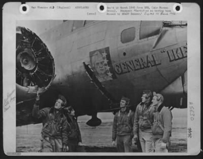 Thumbnail for Battle Damage > Crew Members Inspect The First Major Battle Damage Suffered By This B-17 "Flying Fortress" In 65 Missions.  One Of The Giant Three-Bladed Propellers Was Torn Off From Its Hub By A Near Miss Flak Burst On A Recent Bombing Mission Over Germany.  The Heavy B