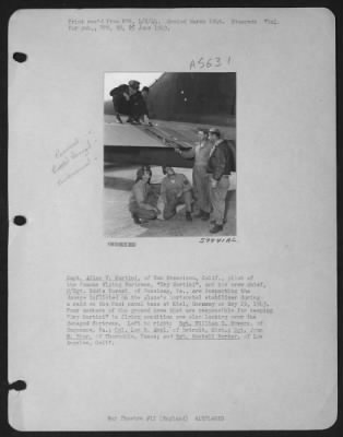 Battle Damage > Capt. Allen V. Martini, Of San Francisco, Calif., Pilot Of The Famous Flying Fortress, 'Dry Martini':, And His Crew Chief, M/Sgt. Eddie Kursel, Of Bessimer, Pa., Are Inspecting The Damage Inflicted On The Plane'S Horizontal Stabilizer During A Raid On The