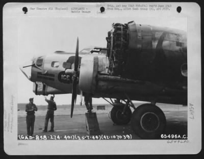 Battle Damage > The Boeing B-17 "Flying Fortress" 'Ice Cold Katy' Of The 401St Bomb Group Was Damaged By Flak During A Bombing Mission Over Europe.  England, 17 July 1944.