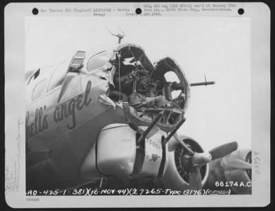 Battle Damage > Nose Of Boeing B-17 'Hell'S Angel' (Aircraft No. 7265) Of The 381St Bomb Group, Damaged In Battle Over Enemy Territory.  England, 10 November 1944.