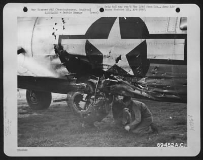 Battle Damage > Thousands Of Pieces Of Jagged Steel Penetrated The Fuselage And Ball Turret On A Boeing B-17 "Flying Fortress" Of The 324Th Bomb Squadron, 91St Bomb Group, When Flak Burst Near The Plane On A Mission Over Enemy-Held Territory In Europe On 15 October 1944.