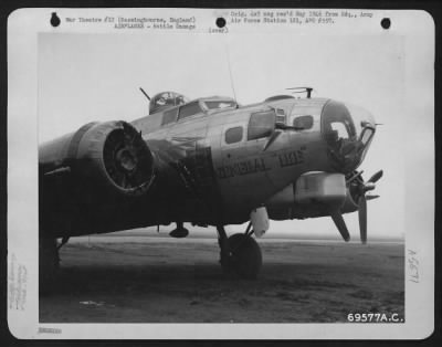 Battle Damage > One Of The Giant Three-Bladed Propellers Was Torn From Its Hub On The Boeing B-17 "Flying Fortress" 'General Ike' By A Near-Hit Flak Burst On A Bombing Mission Over Germany.  The Heavy Blades Scarred The Engine Cowling And Ripped Into The Metal Fuselage,