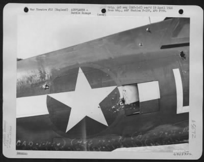 Thumbnail for Battle Damage > Shell Fragments Pierced The Fuselage Of A Republic P-47 (A/C 7905) Of The 353Rd Fighter Group, During An Escort Mission Over Enemy Territory.  England, 17 August 1943.