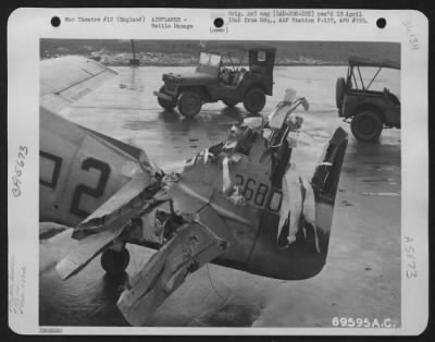 Thumbnail for Battle Damage > With A Demolished Tail Section Resulting From Enemy Combat This North American P-51 (A/C 36800) Of The 353Rd Fighter Group Managed To Return To Its Base In England.  1 January 1945.