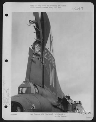 Thumbnail for Battle Damage > The Tail Section Of The Boeing B-17 "Flying Fortress" (A/C No. 239789) Was Damaged By Enemy Flak During A Mission Flown Bu The 379Th Bomb Group On 20 December 1943.  England.