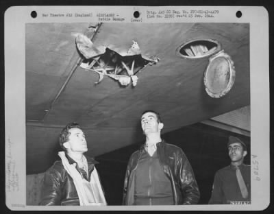 Battle Damage > Capt. Tex Mccrary, Hollywood, Cal., A Public Relations Officer Of The Eight Air Force And Capt. Warren C. Sleeper, College Station, Texas, View The Damage As A Result Of Cannon Fire To A Boeing B-17 Of Which Capt. Sleeper Is Pilot And In Which Capt. Mccra