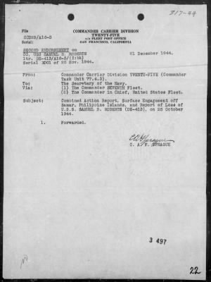 Thumbnail for USS SAMUEL B ROBERTS > Rep of Engagement with Jap Surface Forces off Samar Is, Philippines, & Resultant Loss of the USS SAMUEL B ROBERTS, Morning 10/25/44