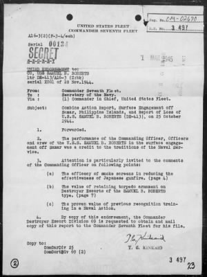 Thumbnail for USS SAMUEL B ROBERTS > Rep of Engagement with Jap Surface Forces off Samar Is, Philippines, & Resultant Loss of the USS SAMUEL B ROBERTS, Morning 10/25/44