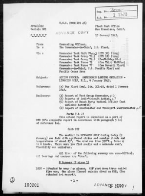 USS KNOX > Rep of amphibious ops in the invasion of Lingayen Gulf, Luzon Island, Philippines on 1/9/45, including AA actions, 1/8-10/45