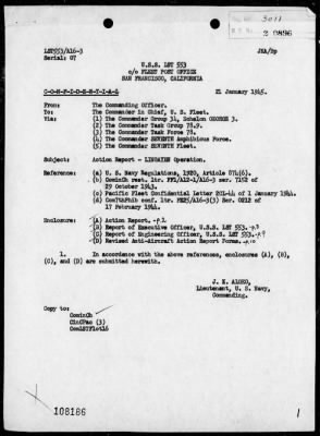 Thumbnail for USS LST-553 > Report of operations in resupply landing in Lingayen Gulf, Luzon Island, Philippines on 1/13/45, including AA action while enroute on 1/12/45