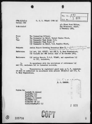 USS TULAGI > Report of air operations off Western Coast of Mindoro Island, Philippine, 1/18/45-2/1/45, including air operations in support of amphibious landings near San Narcisco, Luzon Island, Philippines 1/29-30/45