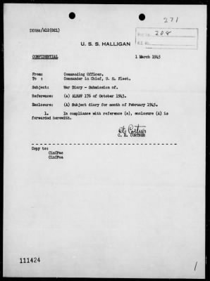 Thumbnail for USS HALLIGAN > War Diary, 2/1-28/45