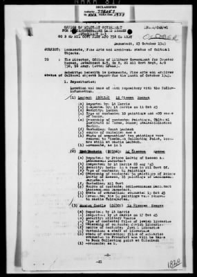 Thumbnail for Activity Reports > Monthly Report On Monuments Fine Arts and Archives Western Military District - Seventh United States Army October (Greater Hesse) 1945