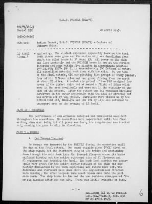 Thumbnail for USS PRINGLE > Rep of ops in support of the invasion of Okinawa Jima, Ryukyu Is, 4/1-16/45, including enemy suicide crash dive & resulting loss on 4/16/45