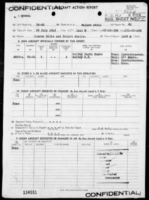 VS-66 > ACA Rep #82-Bombing & strafing bivouac area on Lukunor Island, Mille Atoll, Marshalls on 7/29/45