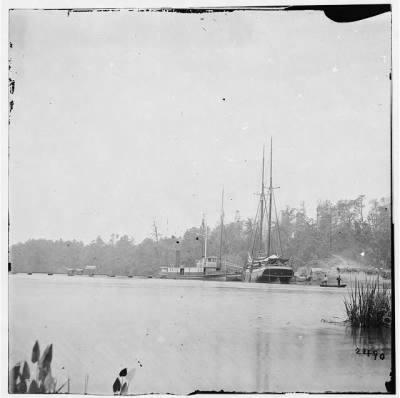 Thumbnail for 1257 - Conway Landing, Virginia. Boats and pontoon bridge on York River