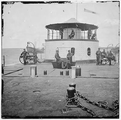 Thumbnail for 2256 - Charleston Harbor, S.C. Deck and officers of U.S.S. monitor Catskill; Lt. Comdr. Edward Barrett seated on the turret