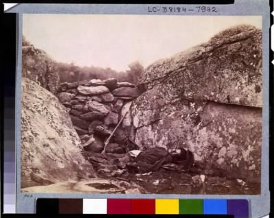 Thumbnail for 2456 - Battle-field of Gettysburg--Dead Confederate sharpshooter at foot of Little Round Top [i.e., Devil's Den]