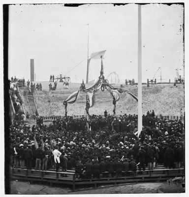 5398 - Charleston, South Carolina. Flag-raising ceremony at Fort Sumter. (Generals Robert Anderson and Quincy A. Gillmore near the center of the photo preparing to raise the flag.)