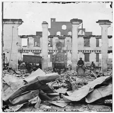 Thumbnail for 6635 - Richmond, Virginia. Ruins of Richmond & Petersburg Railroad depot. (Destroyed locomotive shown)