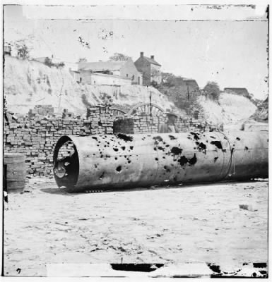 691 - Richmond, Virginia. Smoke stack of C.S. Ram VIRGINIA No. 2. Holes made by Federal batteries