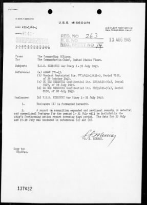 USS MISSOURI > War Diary, 7/1-31/45