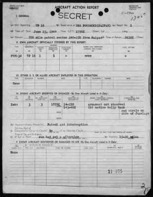 Thumbnail for VP-16 > ACA Report #1 - Action with enemy aircraft west of the Marianas Islands, 6/23/44