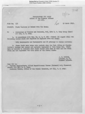 Thumbnail for Records of the Currency Section Received From Supreme Headquarters, Allied Expeditionary Forces (SHAEF) > 17/12 Funds Captured Or Confiscated Enemy Funds: Correspondence and Reports [N.D.; August 1944; November 1944-March 1945]