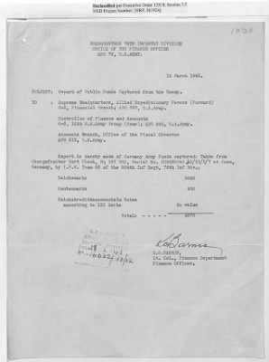 Thumbnail for Records of the Currency Section Received From Supreme Headquarters, Allied Expeditionary Forces (SHAEF) > 17/12 Funds Captured Or Confiscated Enemy Funds: Correspondence and Reports [N.D.; August 1944; November 1944-March 1945]