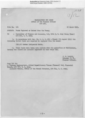 Thumbnail for Records of the Currency Section Received From Supreme Headquarters, Allied Expeditionary Forces (SHAEF) > 17/12 Funds Captured Or Confiscated Enemy Funds: Correspondence and Reports [N.D.; August 1944; November 1944-March 1945]