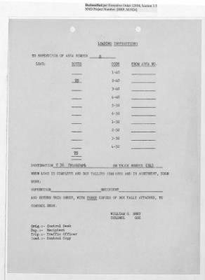 Thumbnail for Records Relating to Operations "Birddog" and "Doorknob" > Loading Instructions, Control Copy:Second Allocation (U.S. Zone)