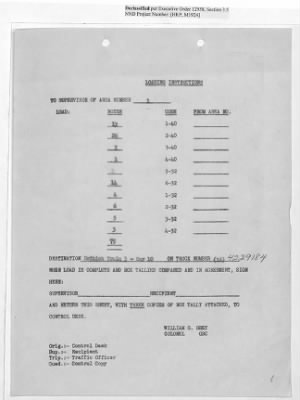 Thumbnail for Records Relating to Operations "Birddog" and "Doorknob" > Loading Instructions, Traffic Officer Copy : Second Allocation (Second Night)