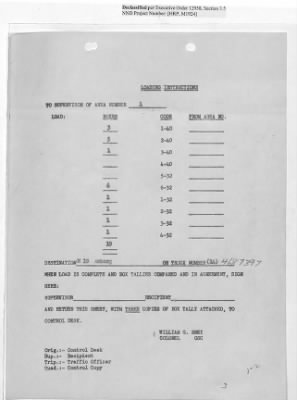 Thumbnail for Records Relating to Operations "Birddog" and "Doorknob" > Loading Instructions, Traffic Officer Copy: Second Allocation (Third Day)