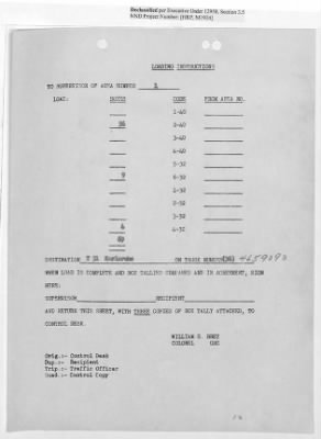 Thumbnail for Records Relating to Operations "Birddog" and "Doorknob" > Loading Instructions, Traffic Officer Copy: Second Allocation (Third Day)